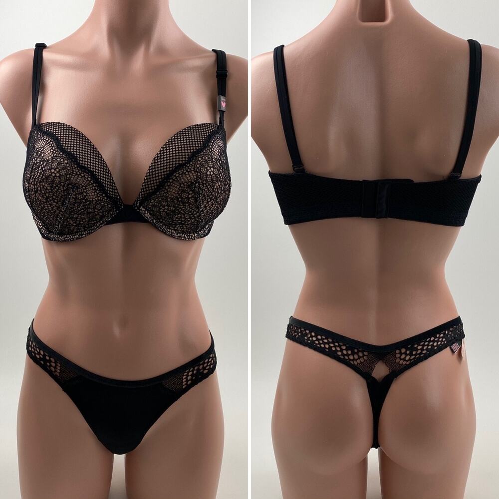 Victoria's Secret Very Sexy Multiway Padded Bra 32DD Thong XS Black Set NWT